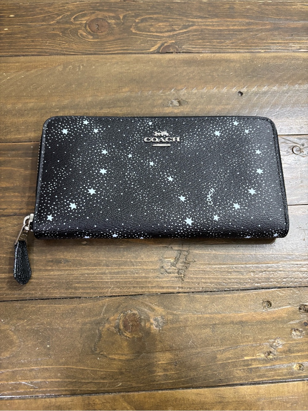 Coach Black Star-Print Zip Around Wallet with Silver Logo